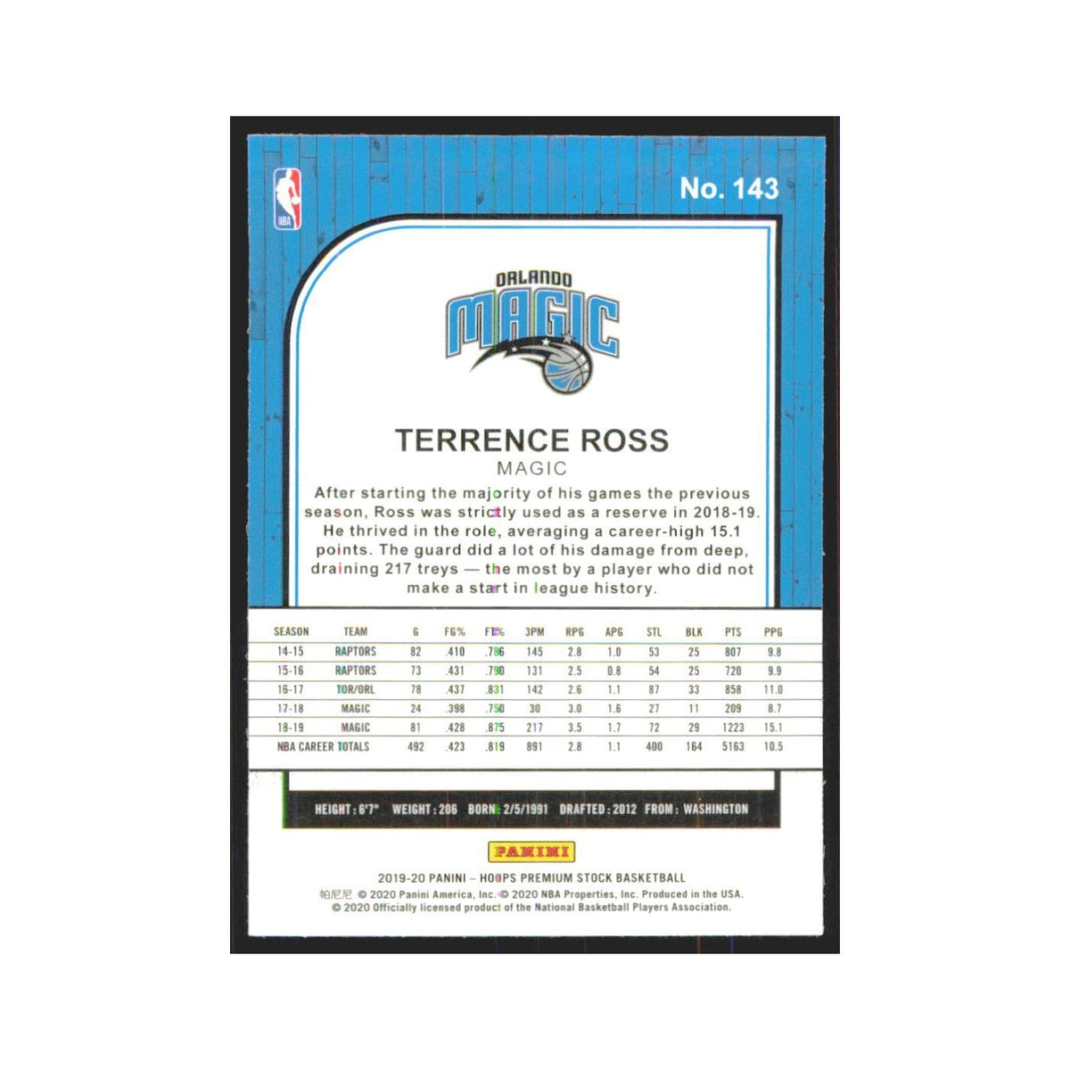 Terrence Ross 2019 NBA Hoops Premium #143 Orlando Magic Basketball Card NM