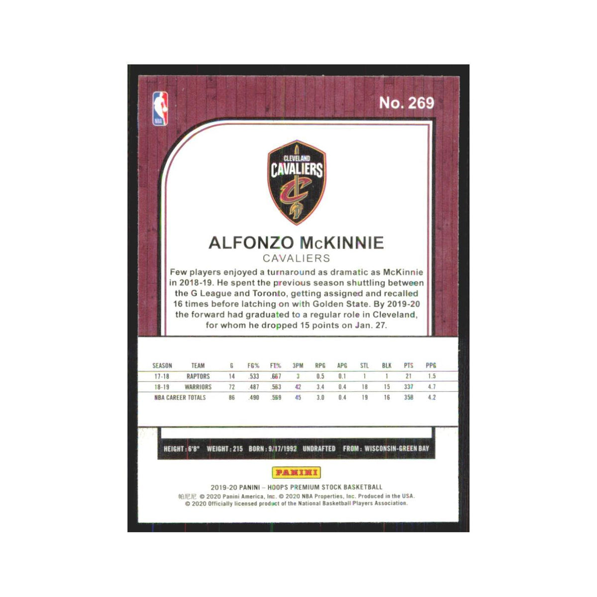 Alfonzo McKinnie 2019 NBA Hoops Premium #269 Cleveland Cavaliers NM