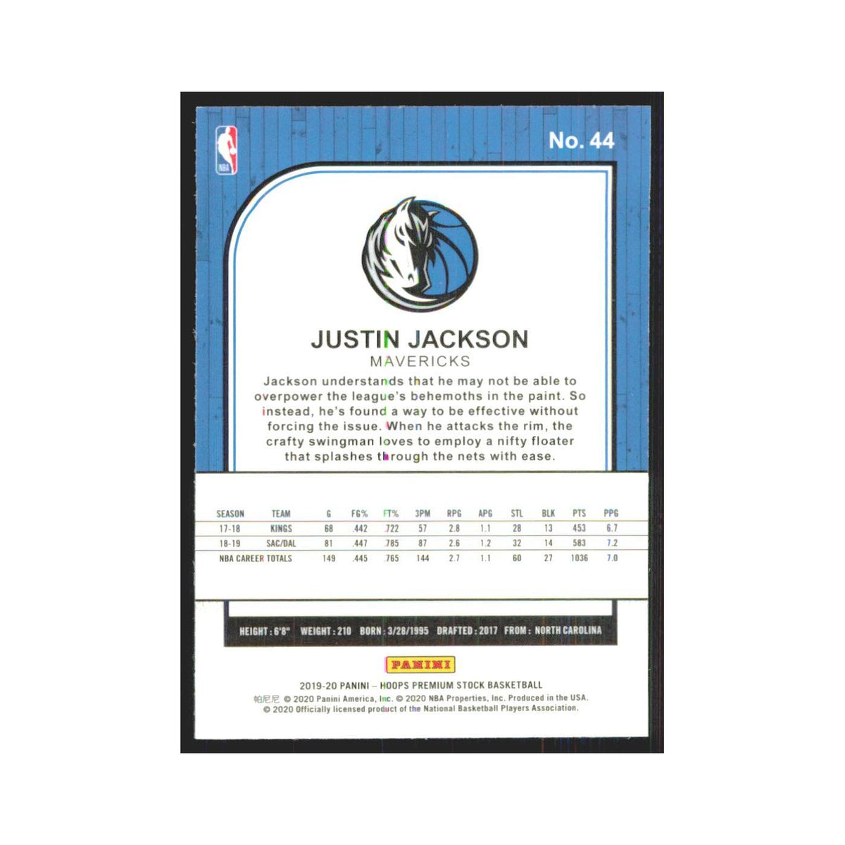 Justin Jackson 2019 NBA Hoops Premium #44 Dallas Mavericks Basketball Card NM