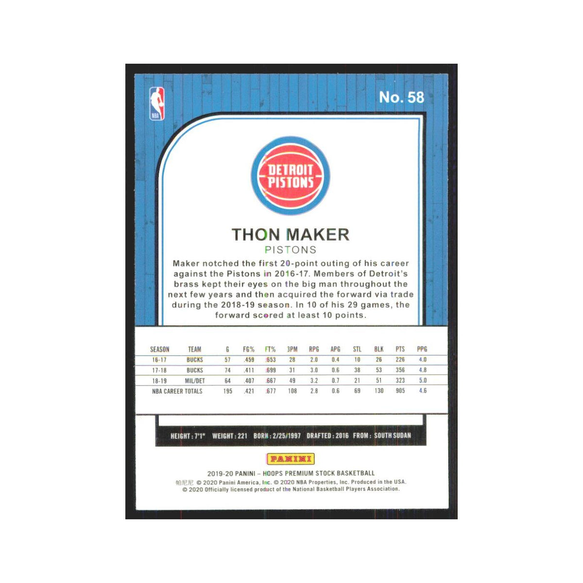 Thon Maker 2019 NBA Hoops Premium #58 Detroit Pistons Basketball Card NM