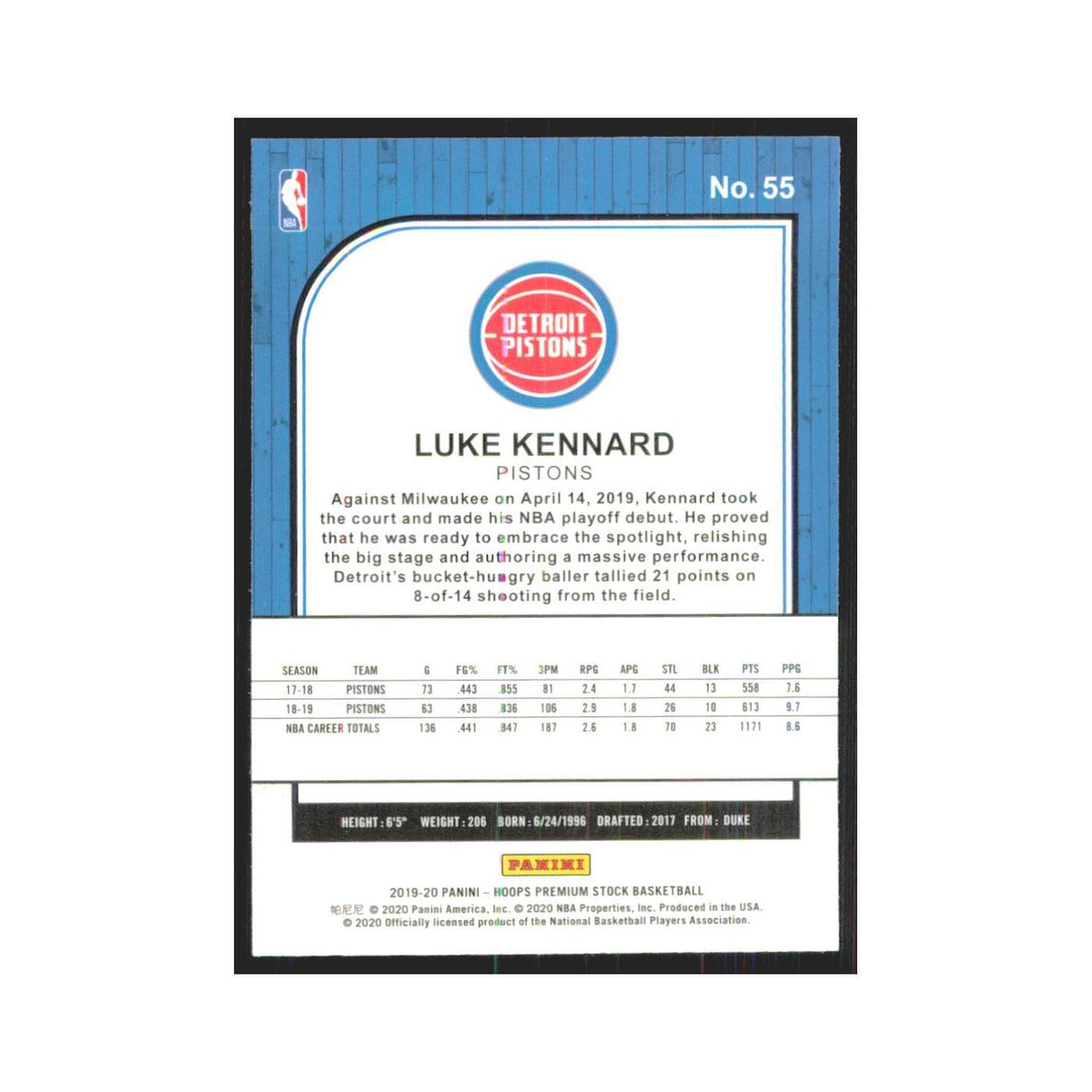 Luke Kennard 2019 NBA Hoops Premium #55 Detroit Pistons Basketball Card NM