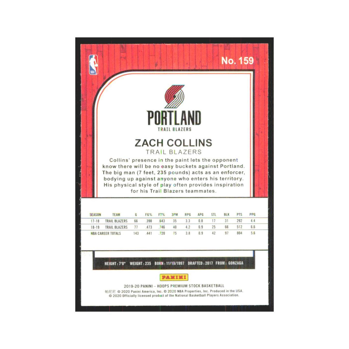 Zach Collins 2019 NBA Hoops Premium #159 Portland Trail Blazers NM