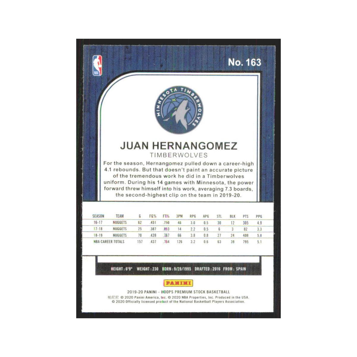 Juan Hernangomez 2019 NBA Hoops Premium #163 Minnesota Timberwolves NM