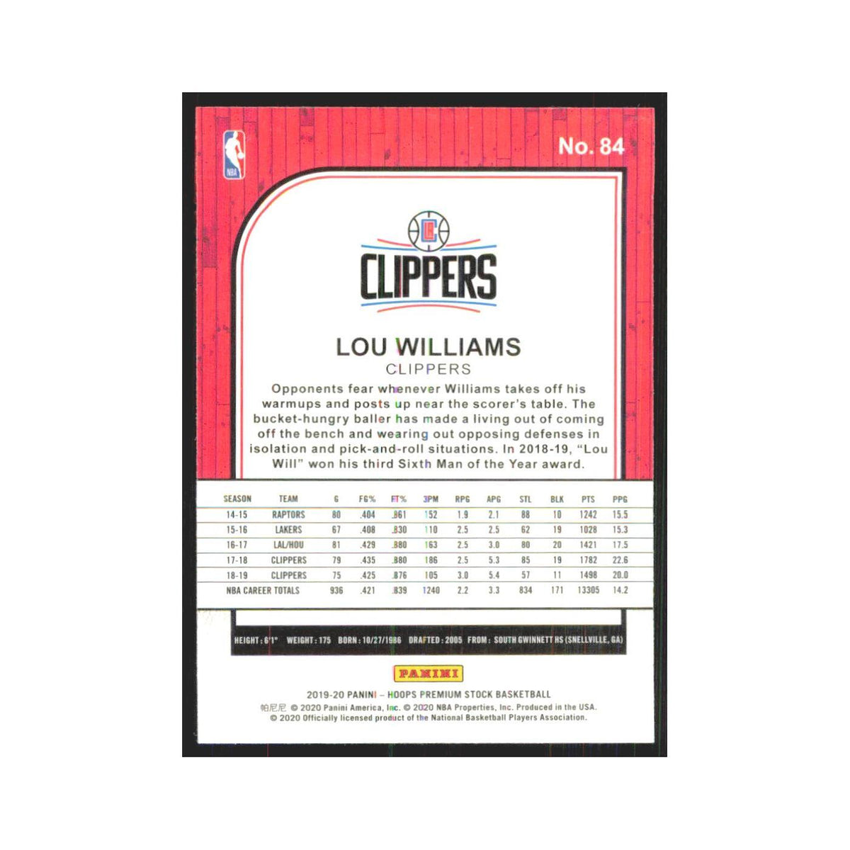 Lou Williams 2019 NBA Hoops Premium #84 Los Angeles Clippers Basketball Card NM
