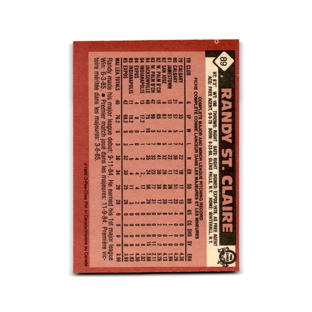 Randy St. Claire 1986 O-Pee-Chee #89 Montreal Expos Baseball Card NM