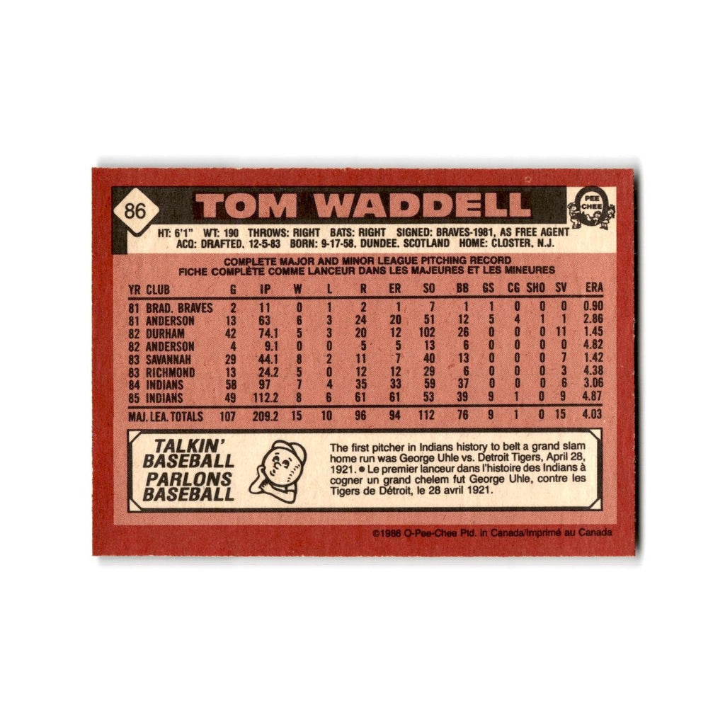 Tom Waddell 1986 O-Pee-Chee #86 Cleveland Indians Baseball Card NM