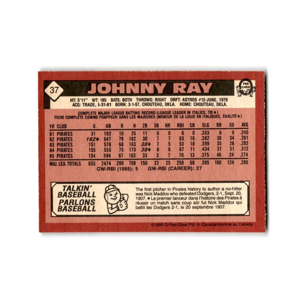 Johnny Ray 1986 O-Pee-Chee #37 Pittsburgh Pirates Baseball Card NM