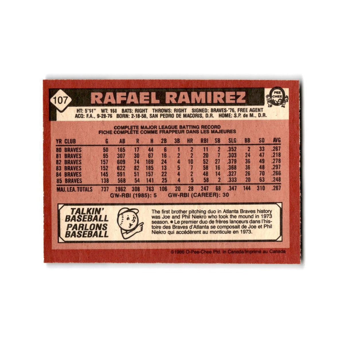 Rafael Ramirez 1986 O-Pee-Chee #107 Atlanta Braves Baseball Card NM