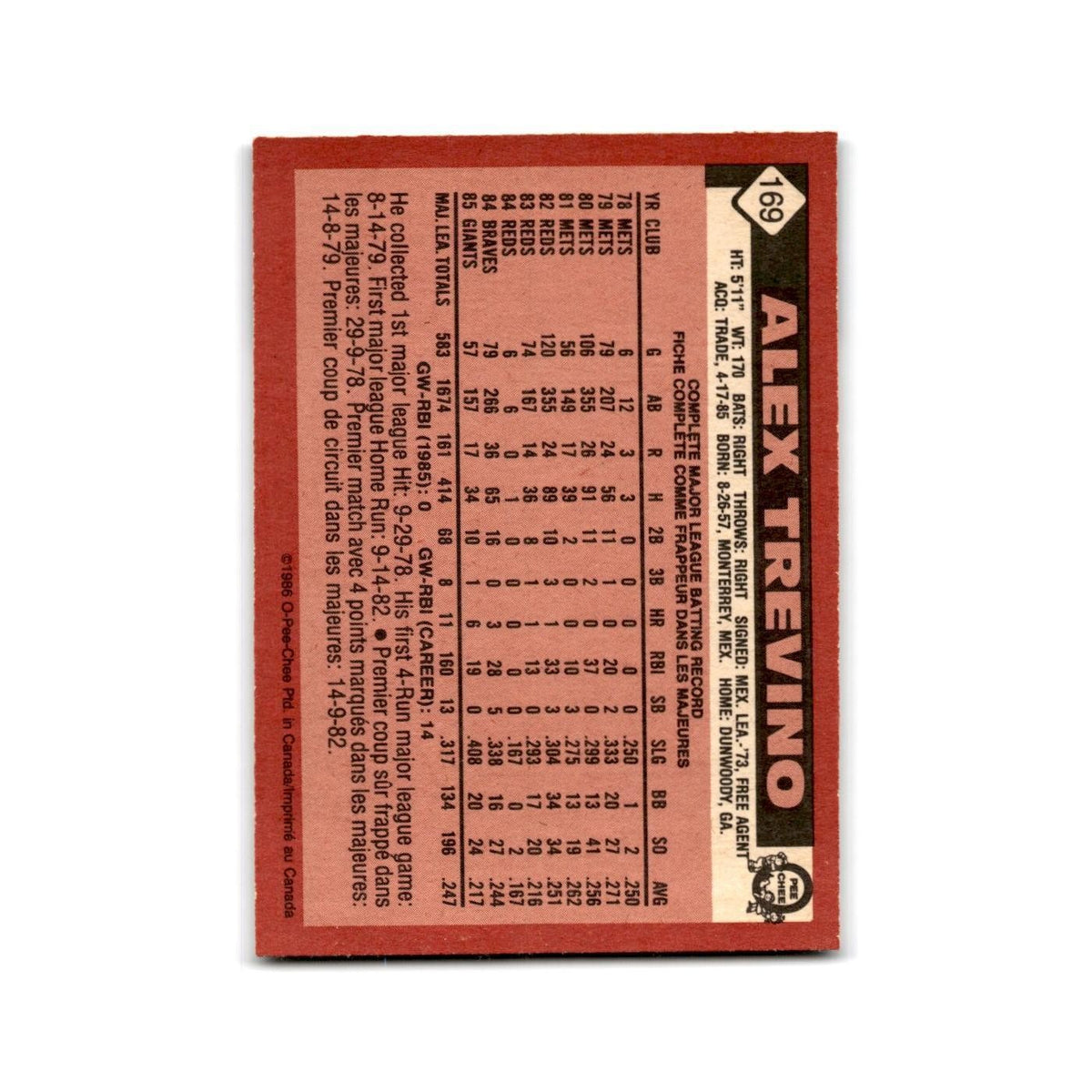 Alex Trevino 1986 O-Pee-Chee #169 Los Angeles Dodgers Baseball Card NM