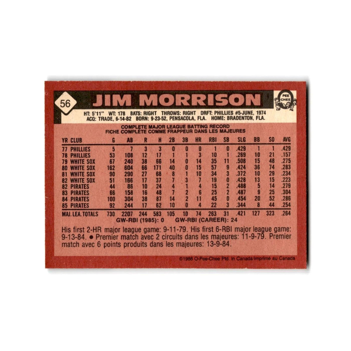 Jim Morrison 1986 O-Pee-Chee #56 Pittsburgh Pirates Baseball Card NM