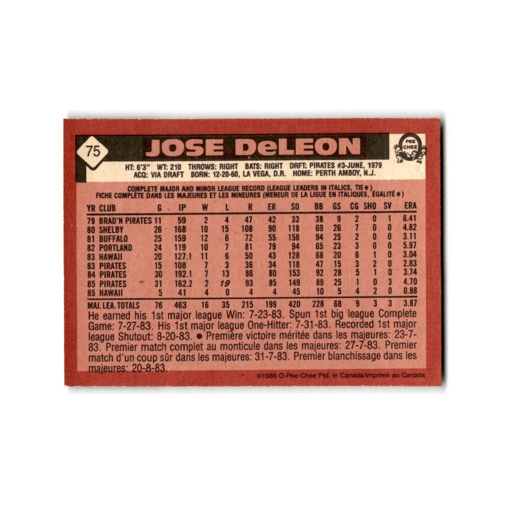 Jose DeLeon 1986 O-Pee-Chee #75 Pittsburgh Pirates Baseball Card NM