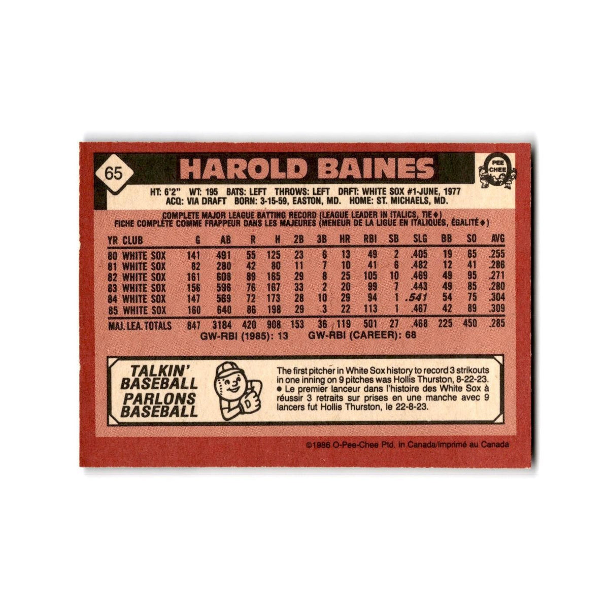 Harold Baines 1986 O-Pee-Chee #65 Chicago White Sox Baseball Card NM
