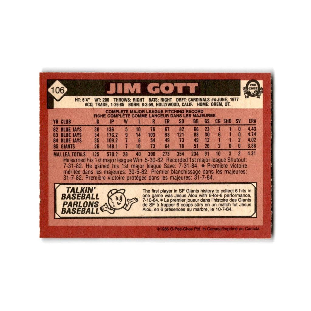 Jim Gott 1986 O-Pee-Chee #106 San Francisco Giants Baseball Card NM