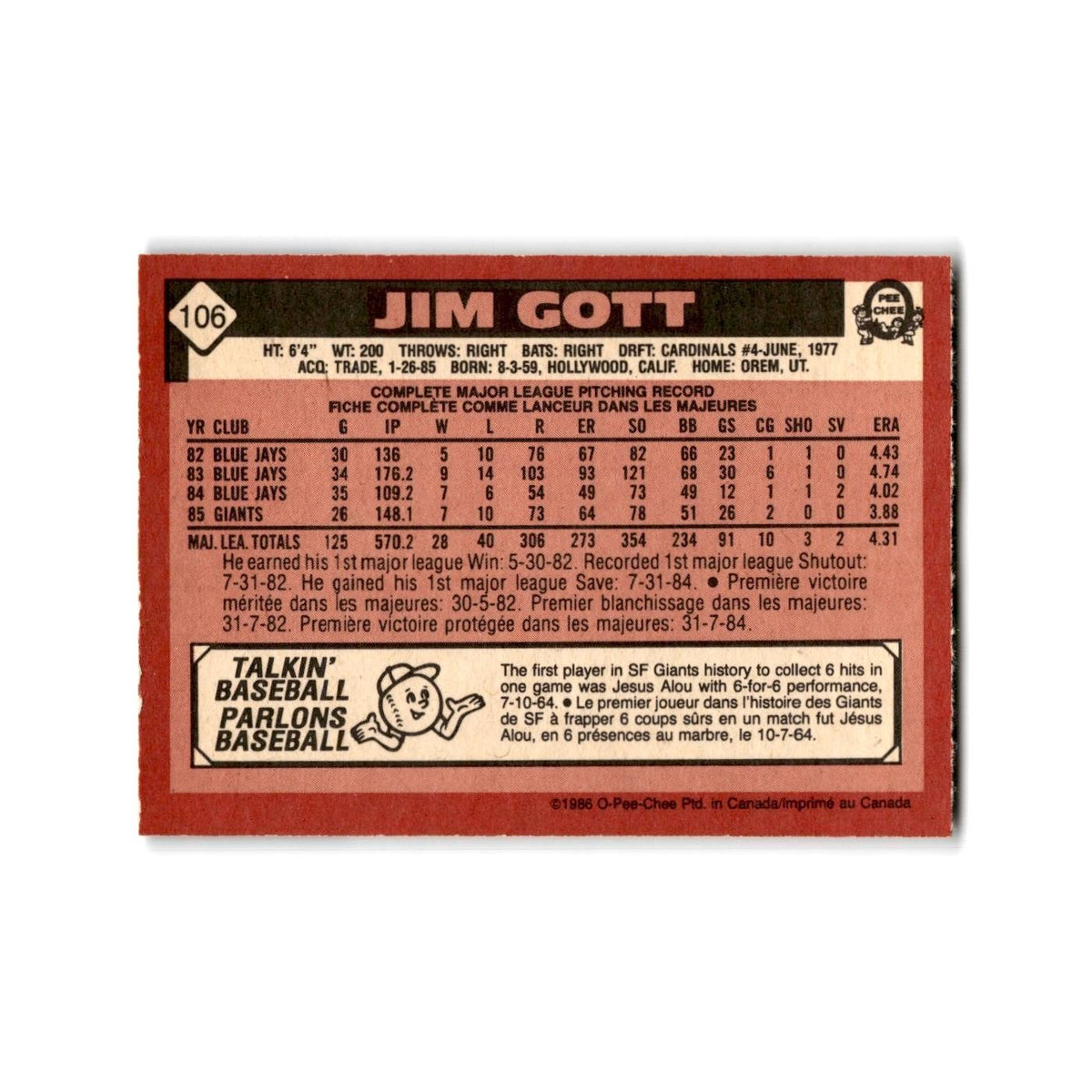 Jim Gott 1986 O-Pee-Chee #106 San Francisco Giants Baseball Card NM
