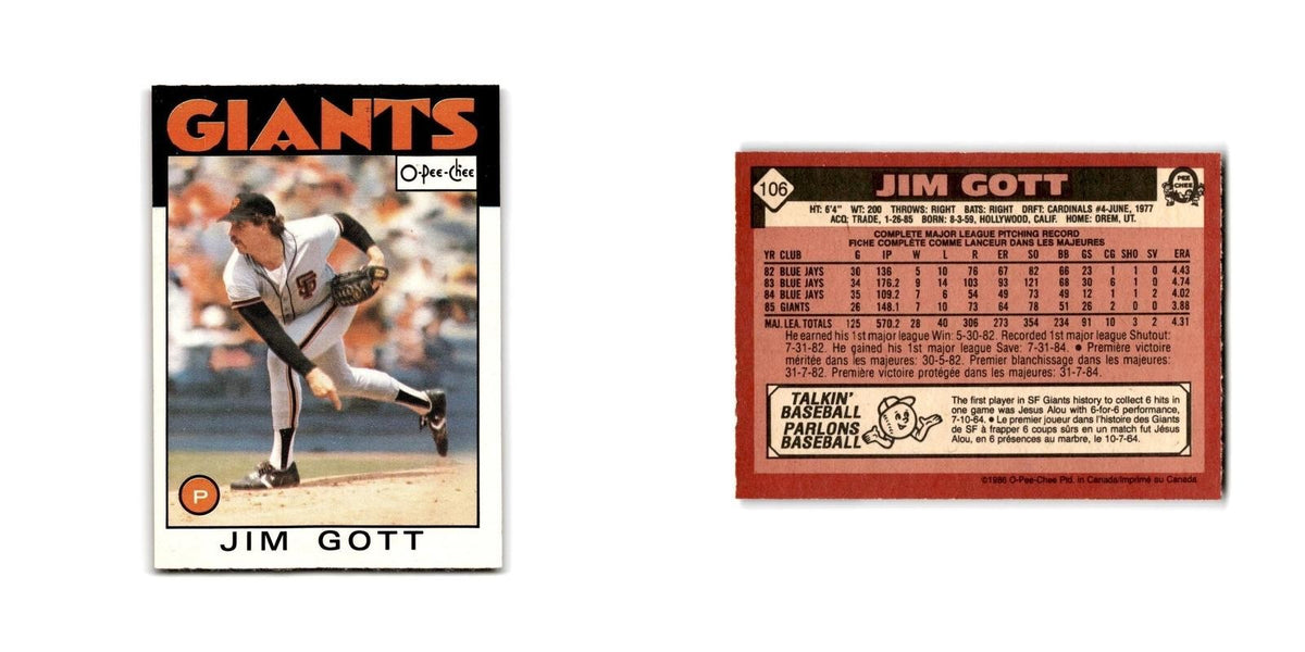 Jim Gott 1986 O-Pee-Chee #106 San Francisco Giants Baseball Card NM