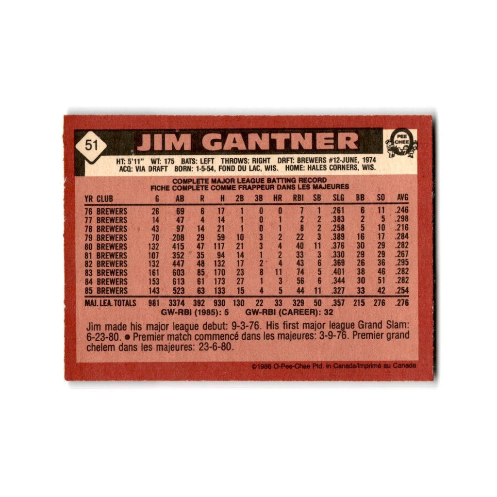 Jim Gantner 1986 O-Pee-Chee #51 Milwaukee Brewers Baseball Card NM