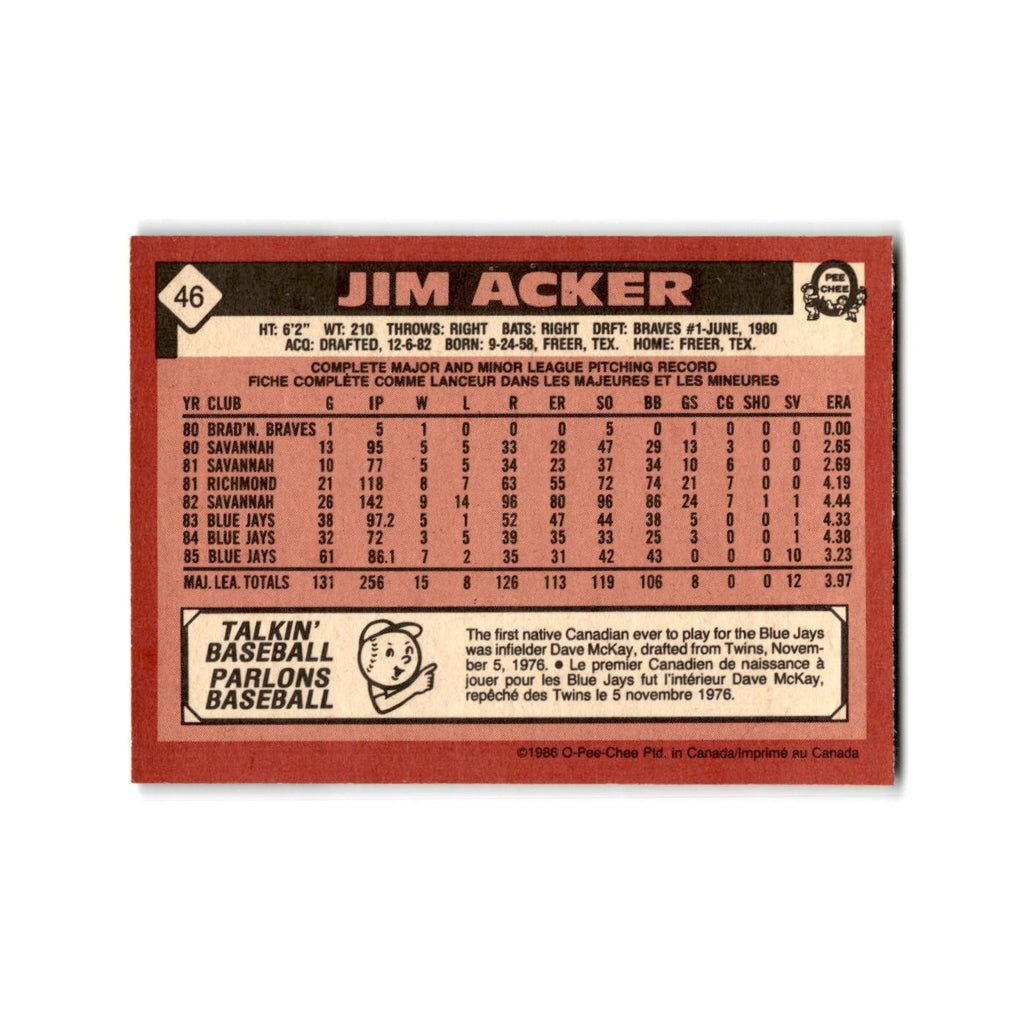 Jim Acker 1986 O-Pee-Chee #46 Toronto Blue Jays Baseball Card NM