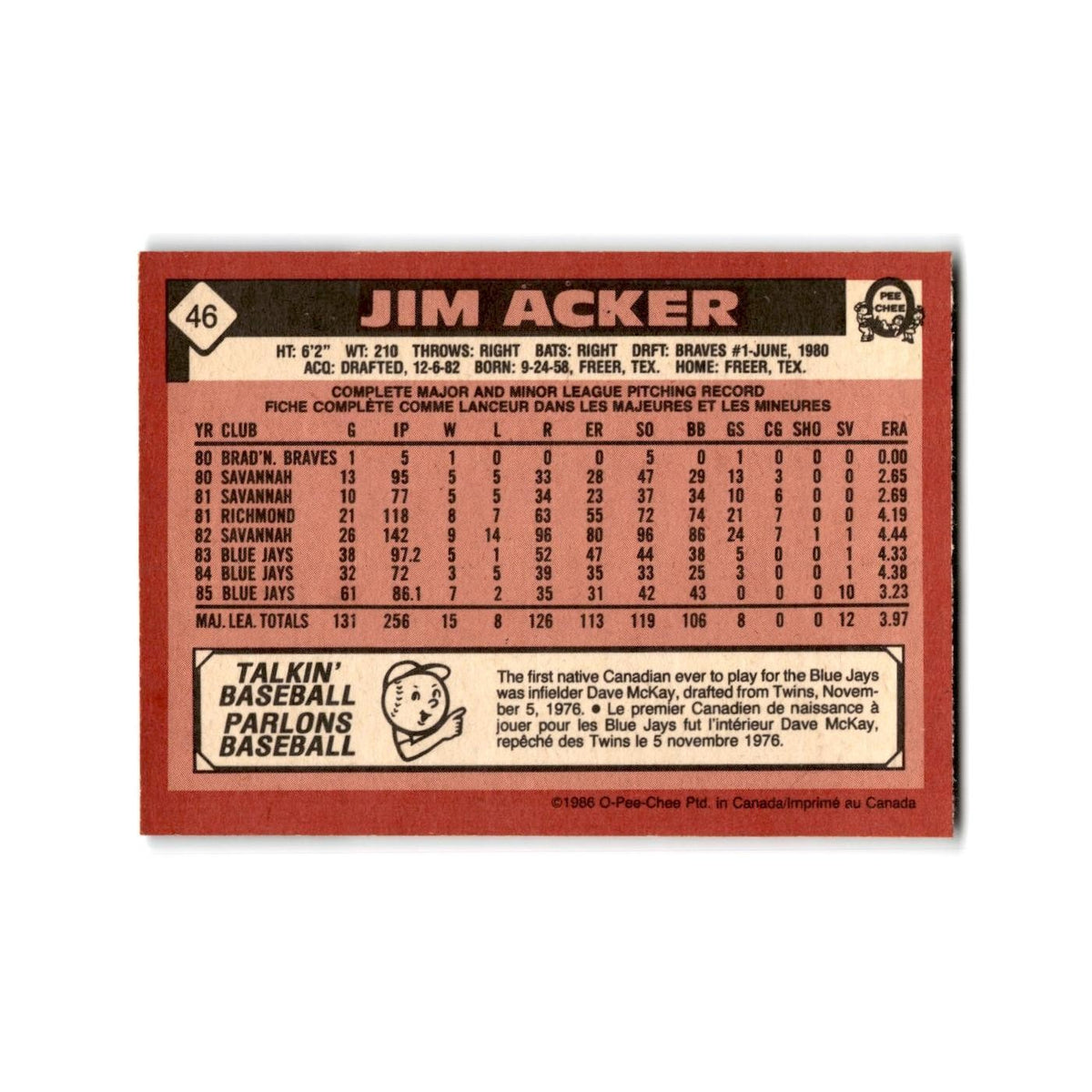 Jim Acker 1986 O-Pee-Chee #46 Toronto Blue Jays Baseball Card NM