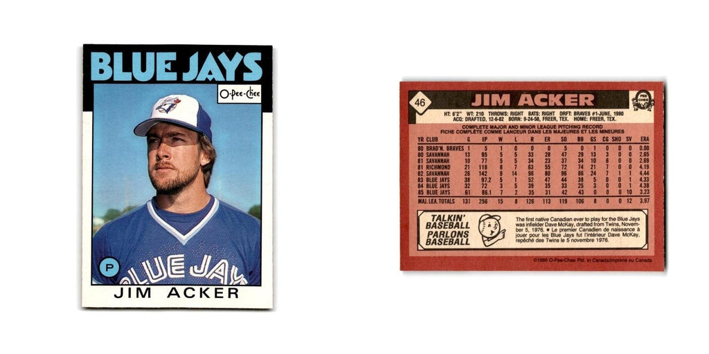 Jim Acker 1986 O-Pee-Chee #46 Toronto Blue Jays Baseball Card NM