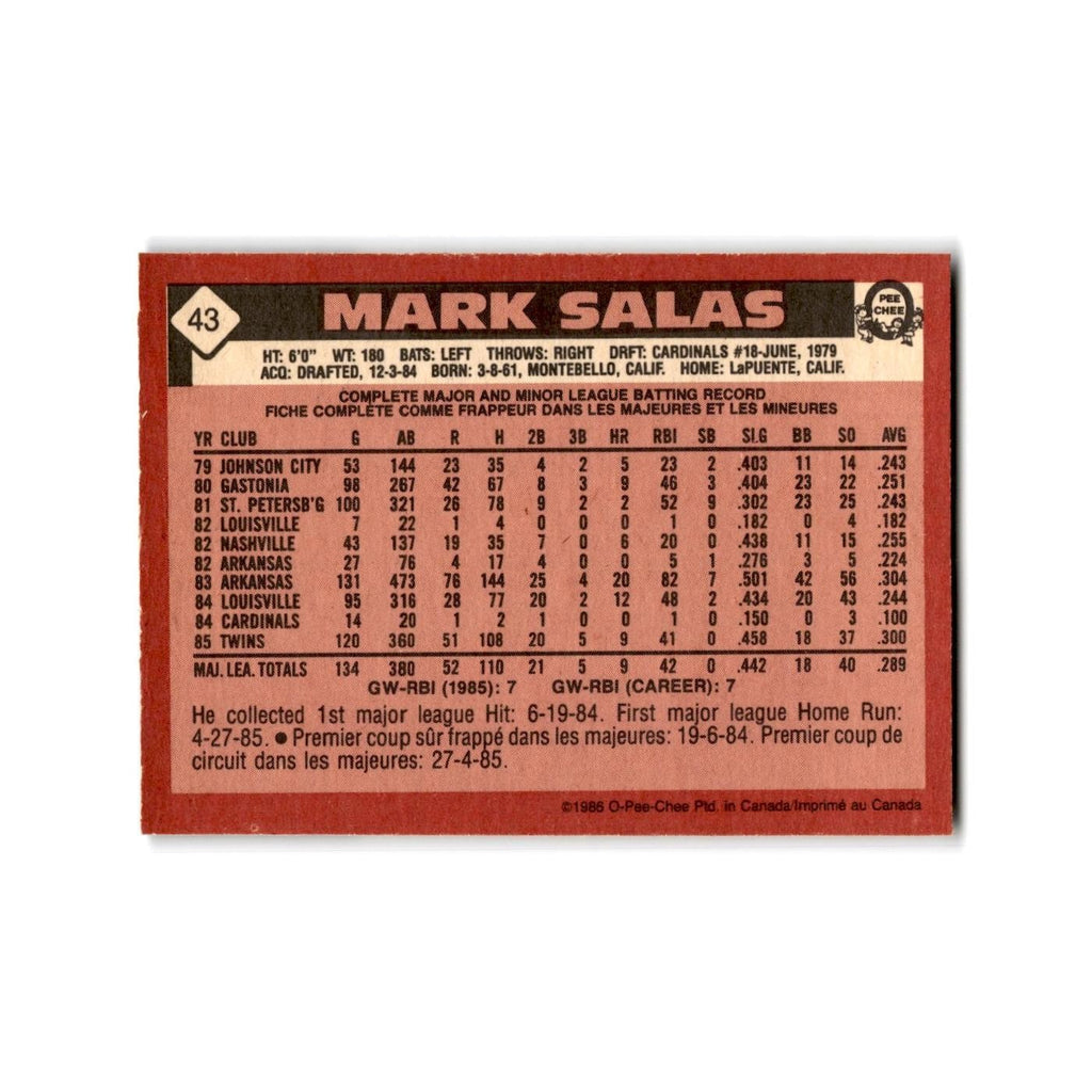 Mark Salas 1986 O-Pee-Chee #43 Minnesota Twins Baseball Card NM