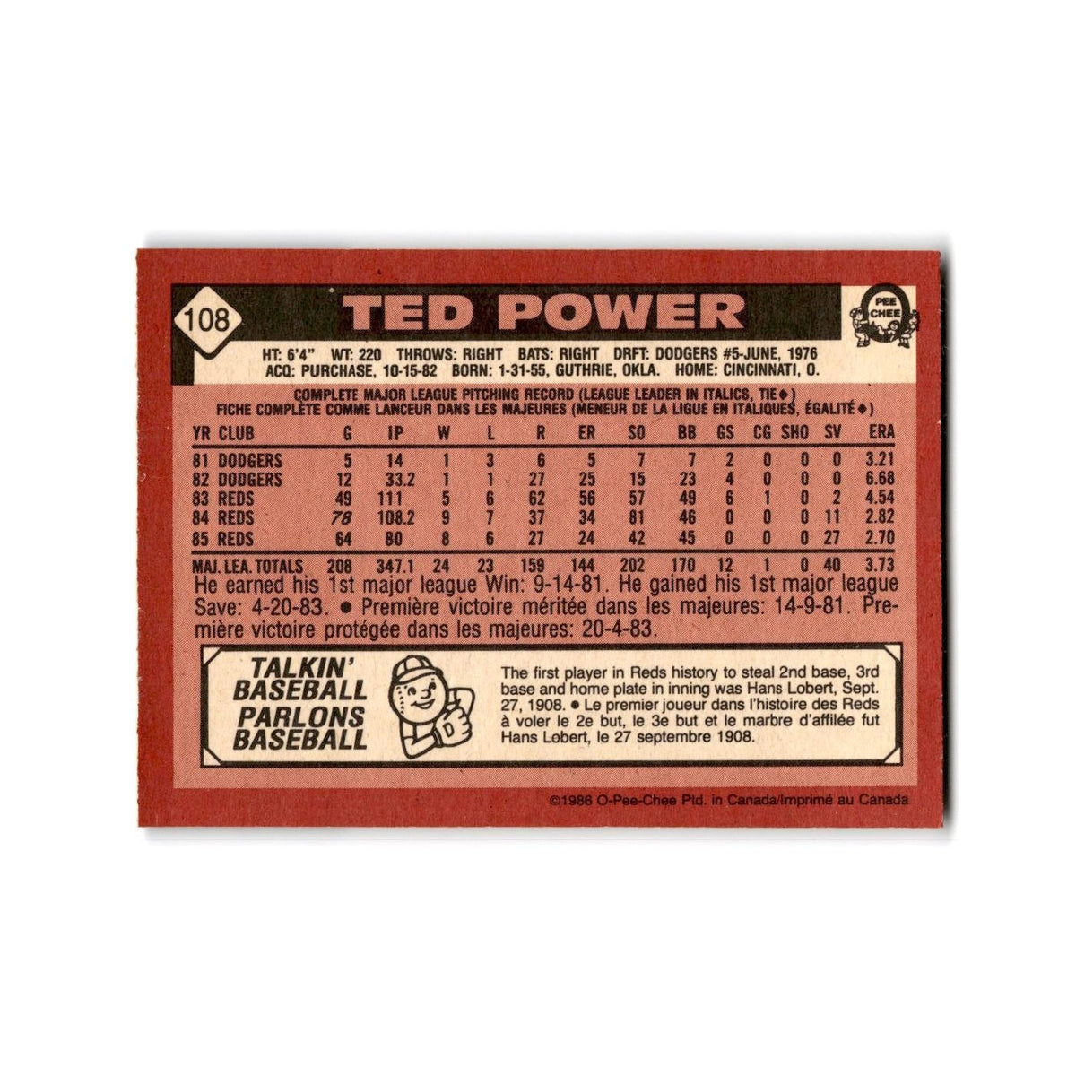 Ted Power 1986 O-Pee-Chee #108 Cincinnati Reds Baseball Card NM
