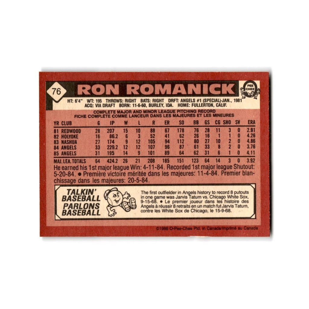 Ron Romanick 1986 O-Pee-Chee #76 California Angels Baseball Card NM
