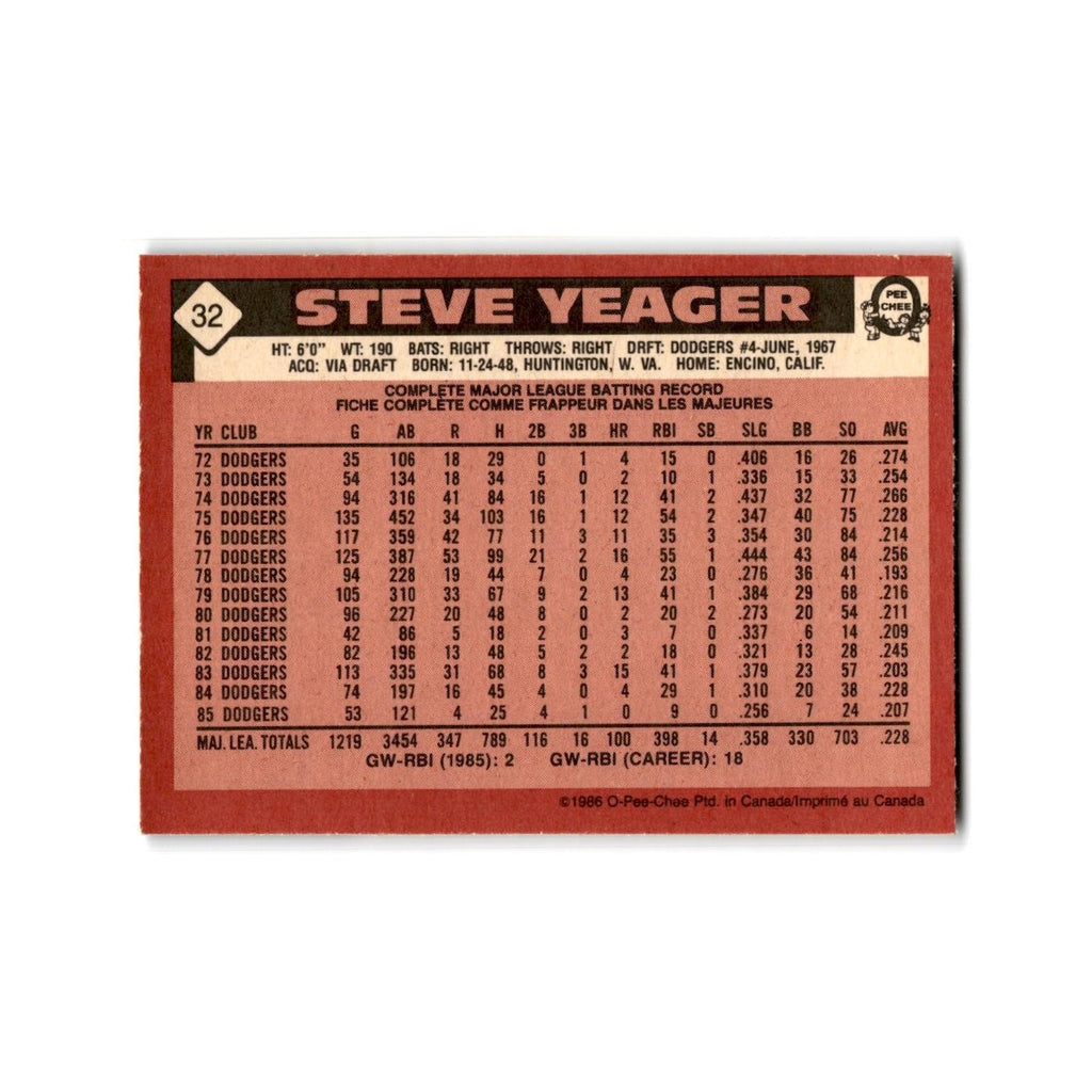 Steve Yeager 1986 O-Pee-Chee #32 Seattle Mariners Baseball Card NM