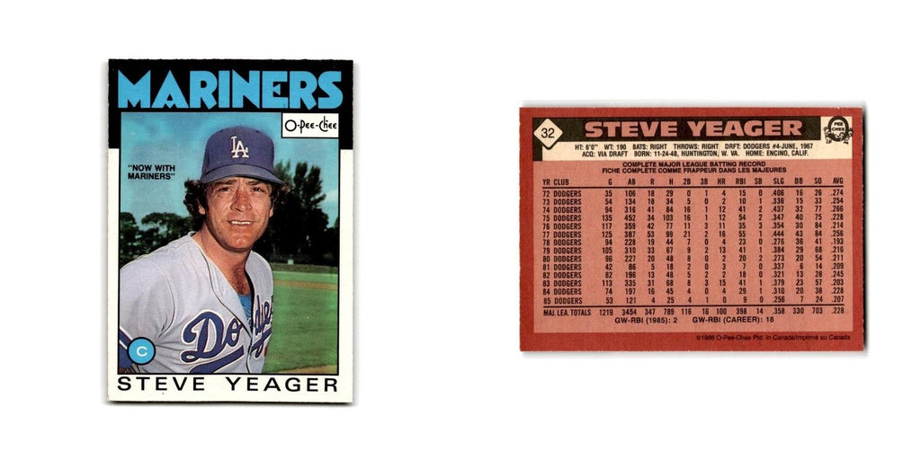 Steve Yeager 1986 O-Pee-Chee #32 Seattle Mariners Baseball Card NM