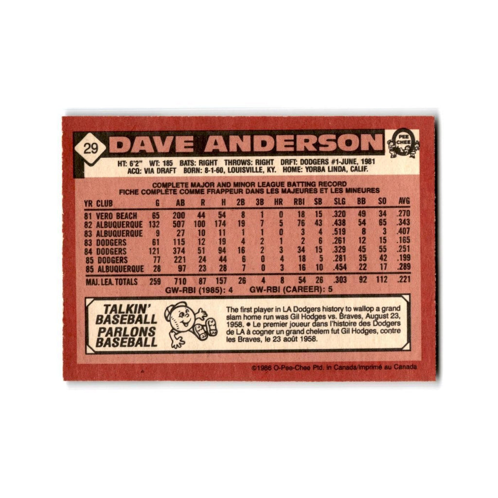 Dave Anderson 1986 O-Pee-Chee #29 Los Angeles Dodgers Baseball Card NM