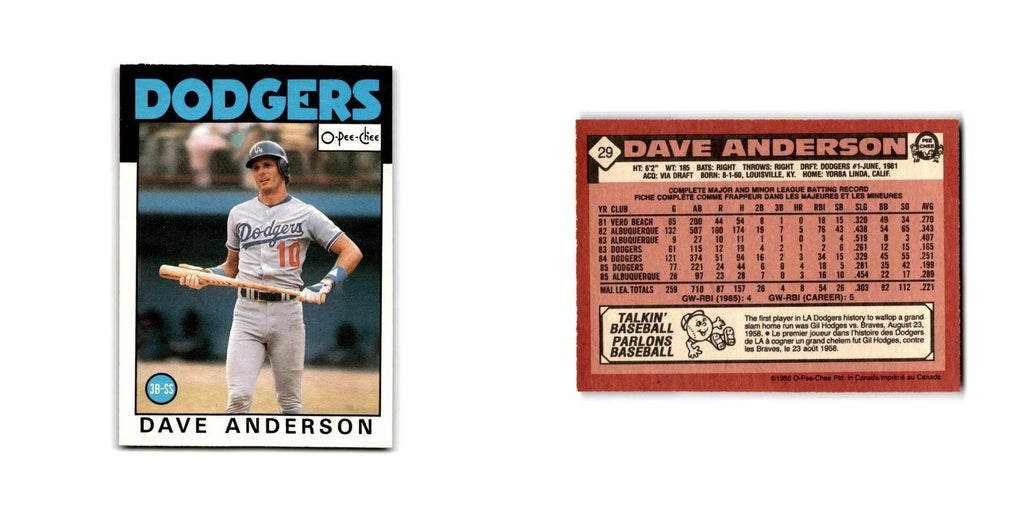 Dave Anderson 1986 O-Pee-Chee #29 Los Angeles Dodgers Baseball Card NM