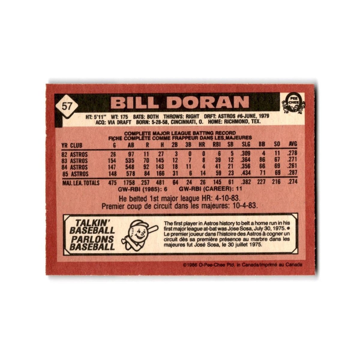 Bill Doran 1986 O-Pee-Chee #57 Houston Astros Baseball Card NM