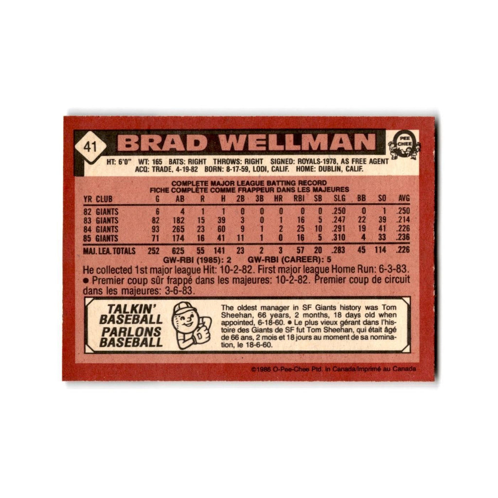 Brad Wellman 1986 O-Pee-Chee #41 San Francisco Giants Baseball Card NM