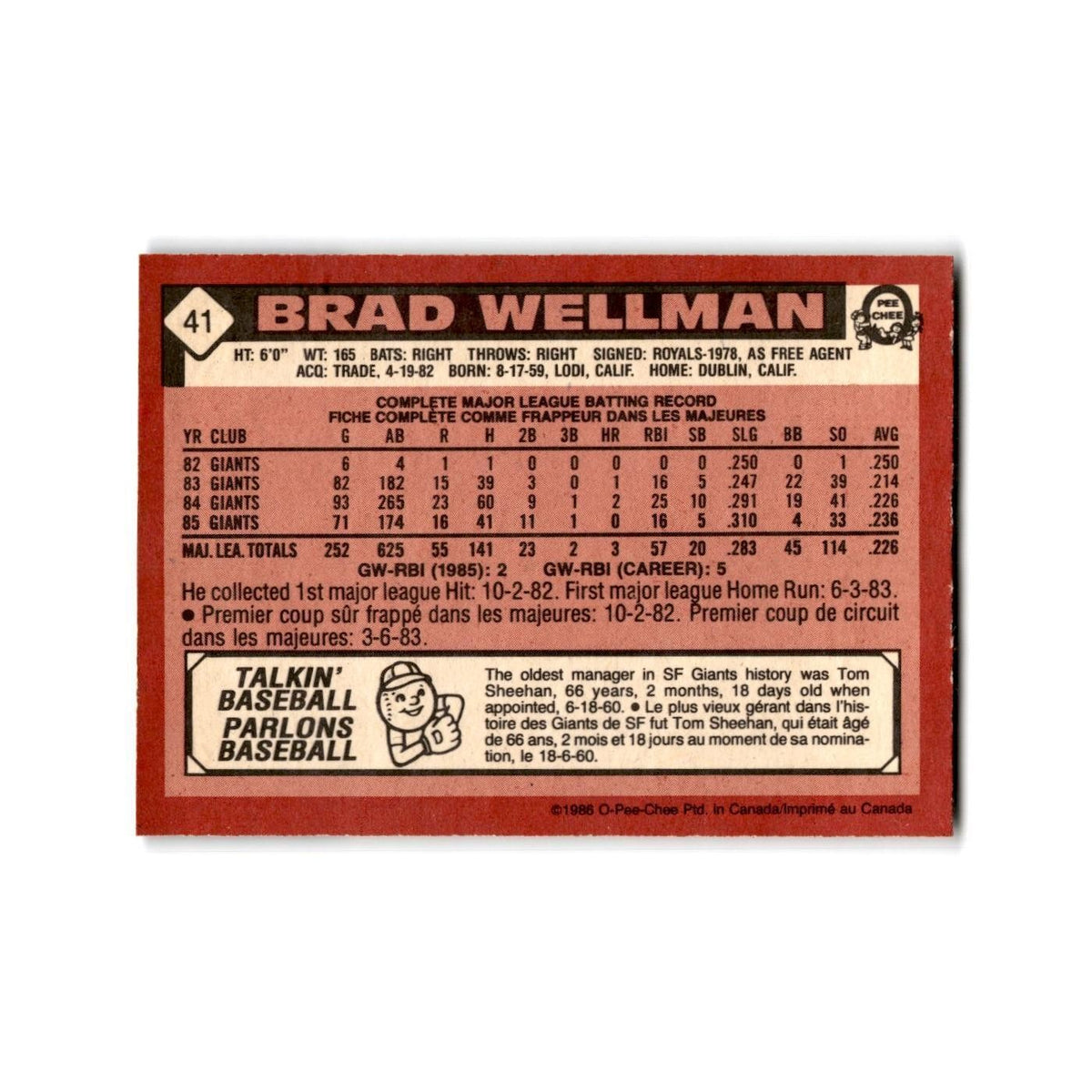 Brad Wellman 1986 O-Pee-Chee #41 San Francisco Giants Baseball Card NM