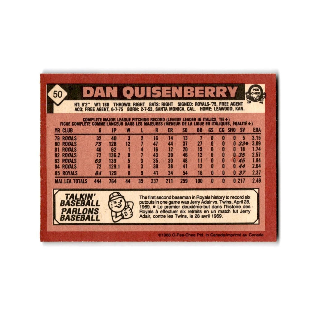 Dan Quisenberry 1986 O-Pee-Chee #50 Kansas City Royals Baseball Card NM