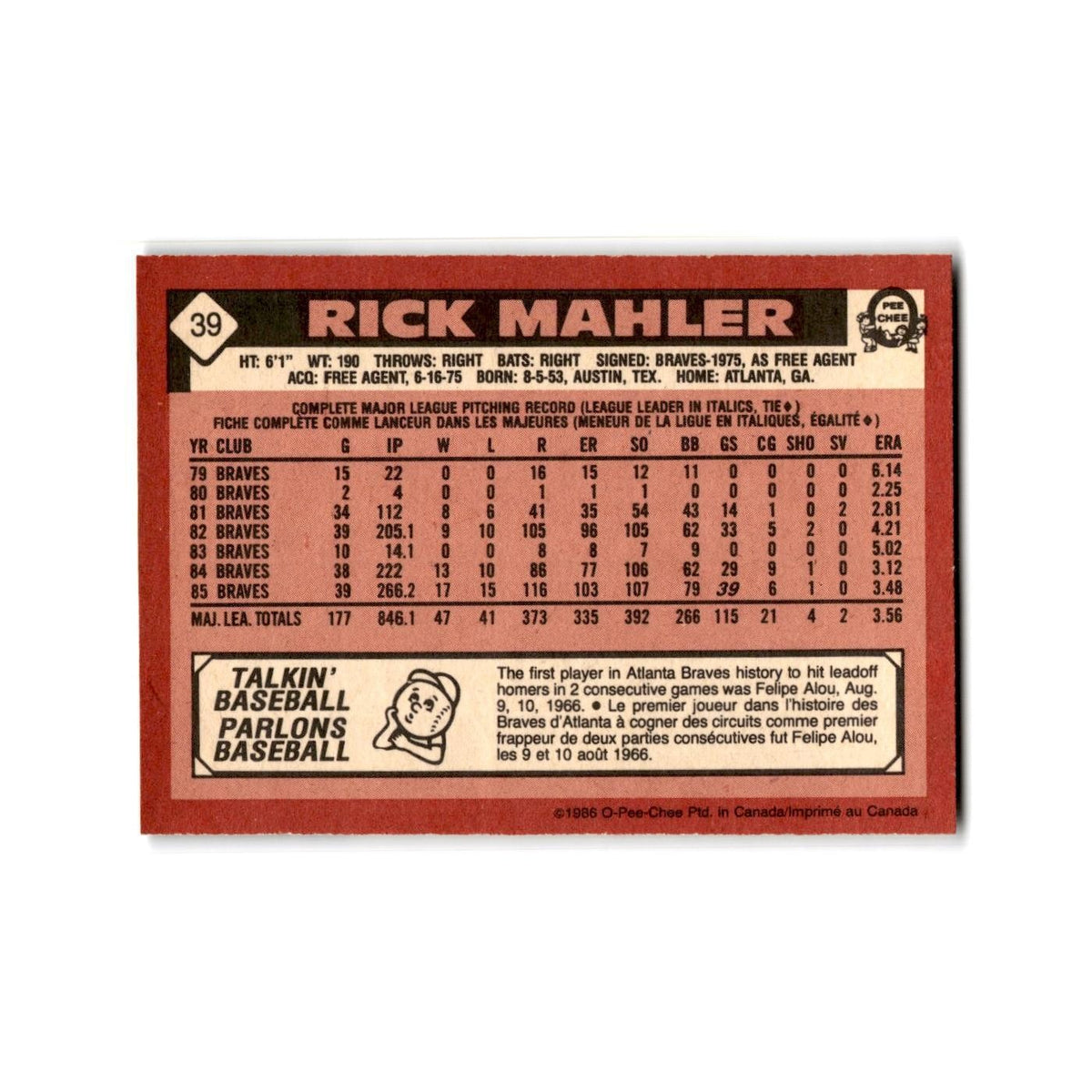 Rick Mahler 1986 O-Pee-Chee #39 Atlanta Braves Baseball Card NM