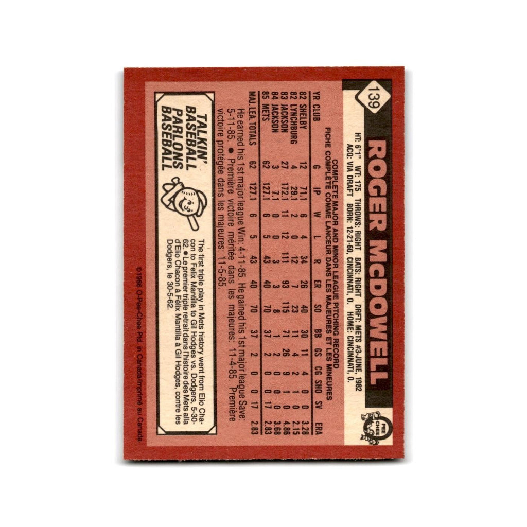 Roger McDowell 1986 O-Pee-Chee #139 New York Mets Baseball Card NM