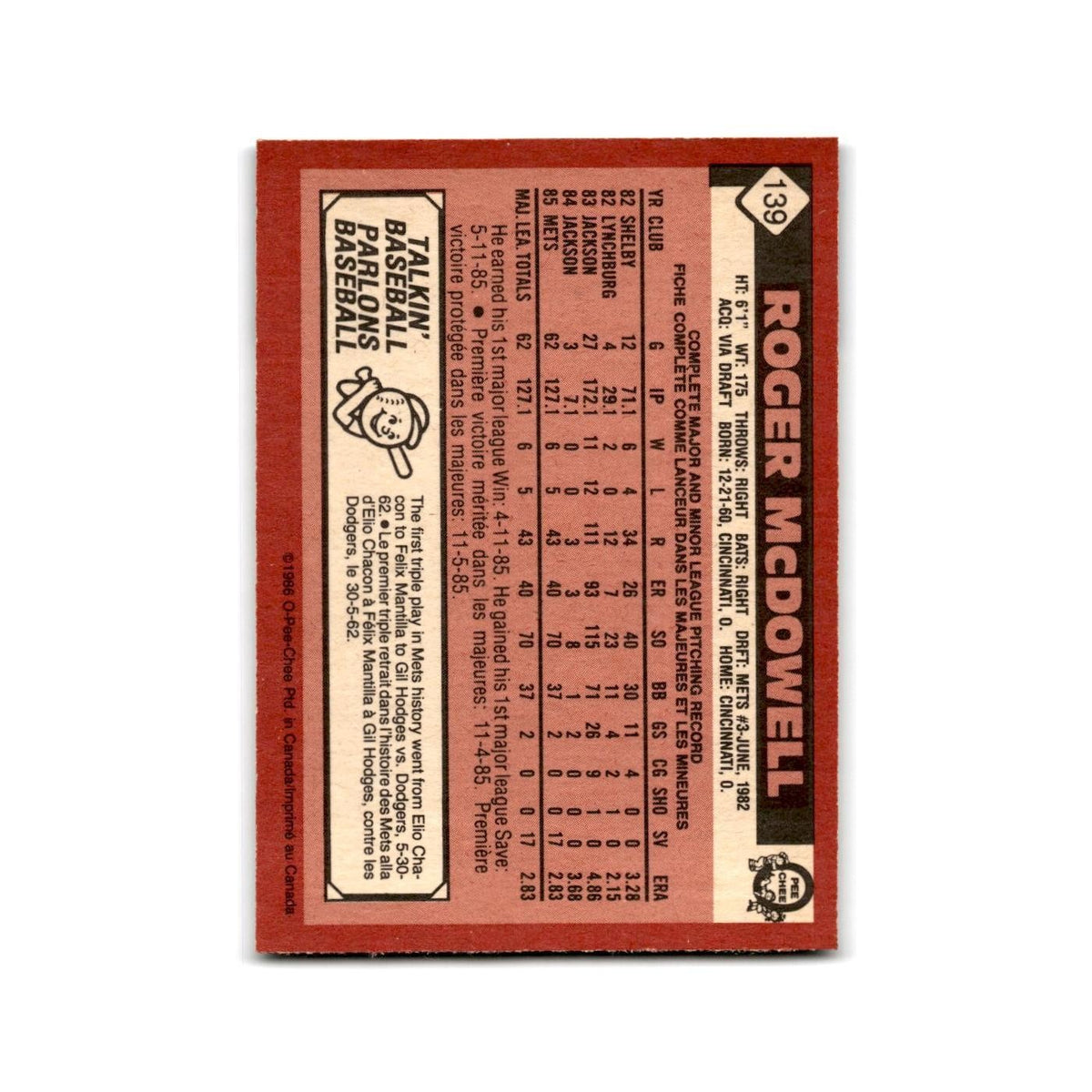 Roger McDowell 1986 O-Pee-Chee #139 New York Mets Baseball Card NM