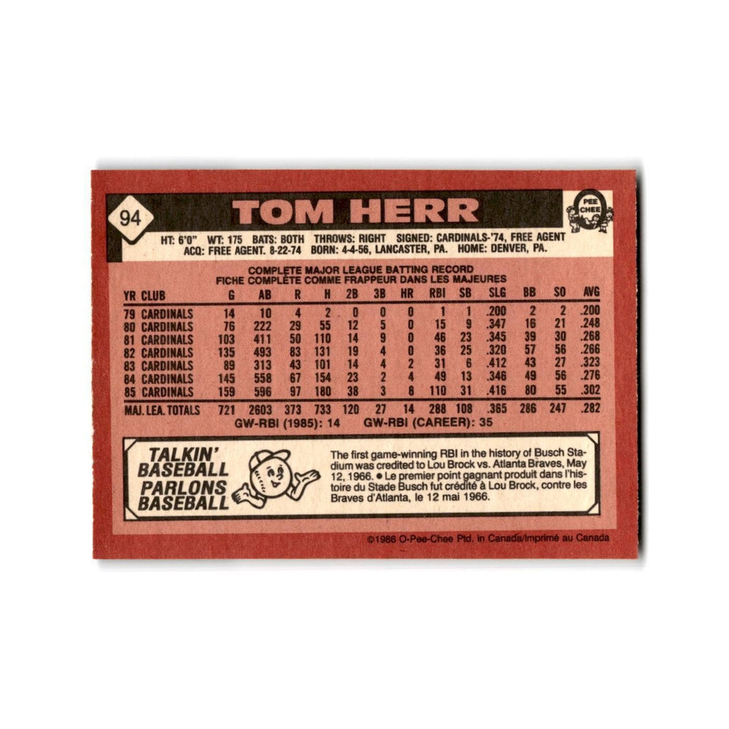 Tom Herr 1986 O-Pee-Chee #94 St. Louis Cardinals Baseball Card NM