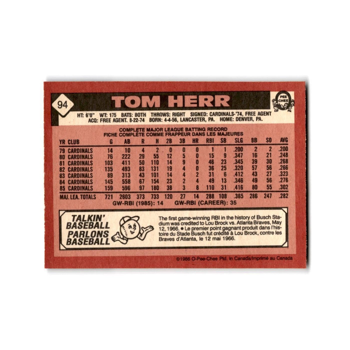 Tom Herr 1986 O-Pee-Chee #94 St. Louis Cardinals Baseball Card NM