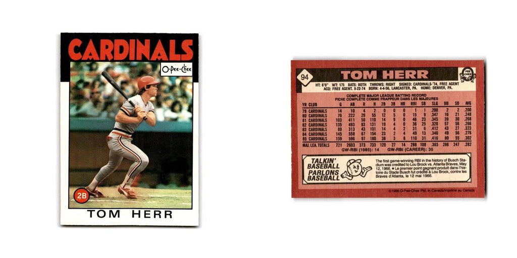 Tom Herr 1986 O-Pee-Chee #94 St. Louis Cardinals Baseball Card NM