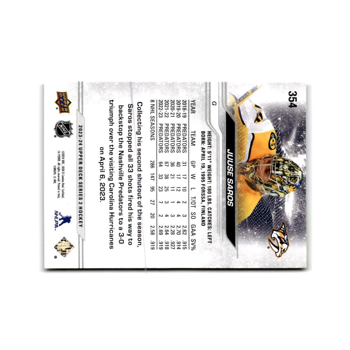 2023 Upper Deck Juuse Saros Nashville Predators #354