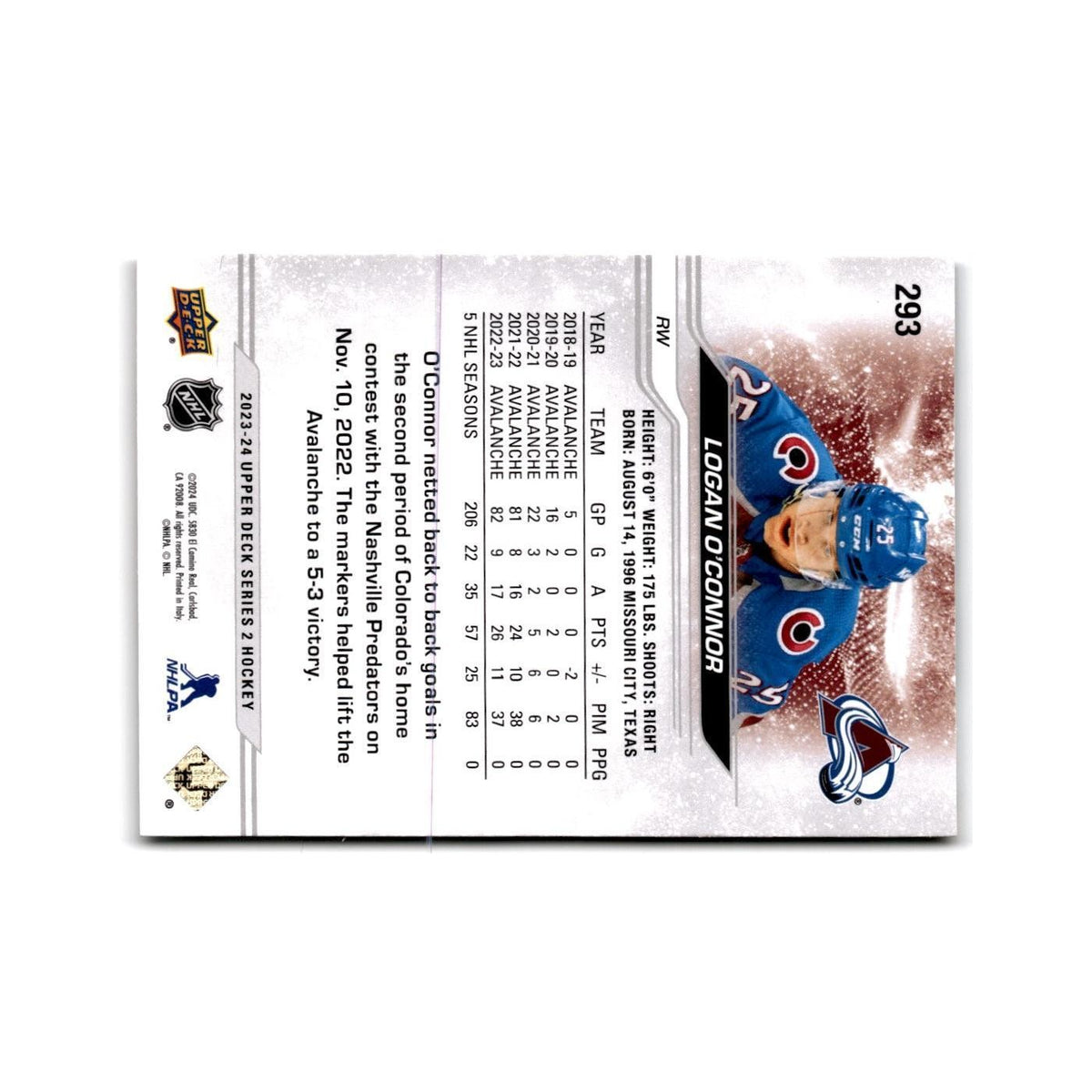 2023 Upper Deck Logan O'Connor Colorado Avalanche #293