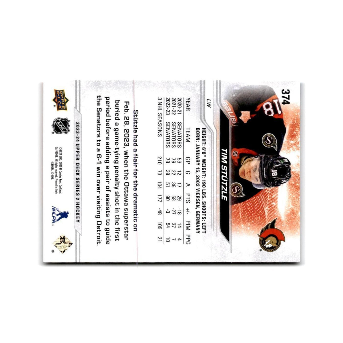 2023 Upper Deck Tim Stutzle Ottawa Senators #374