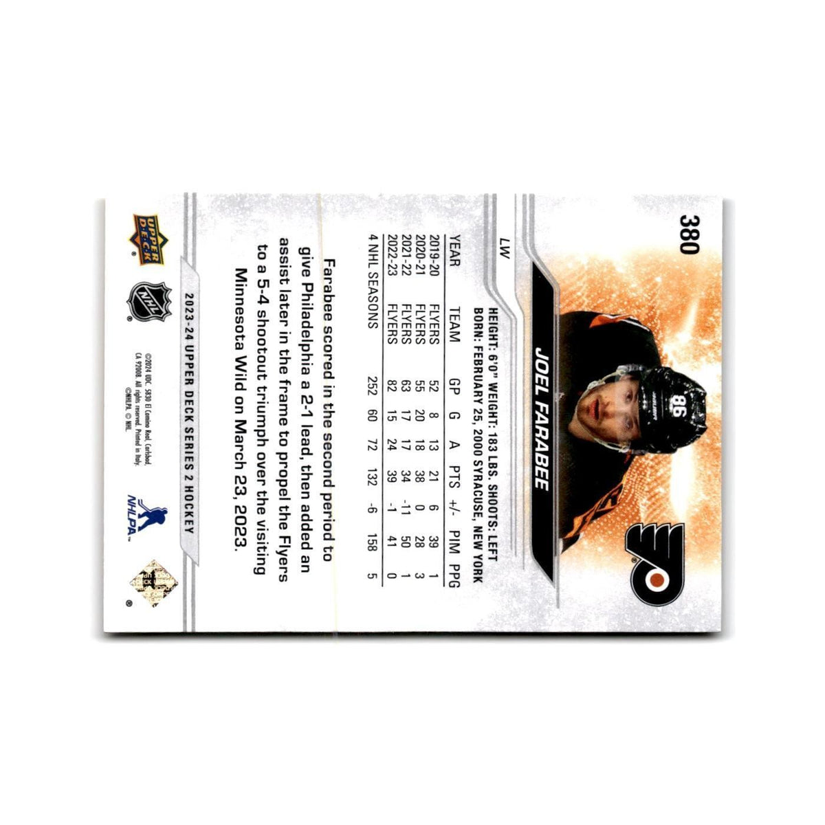 2023 Upper Deck Joel Farabee Philadelphia Flyers #380