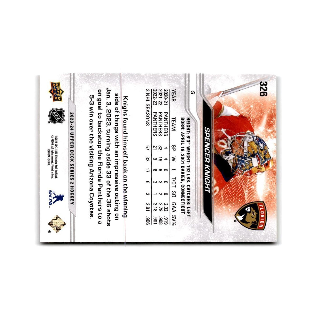 2023 Upper Deck Spencer Knight Florida Panthers #326