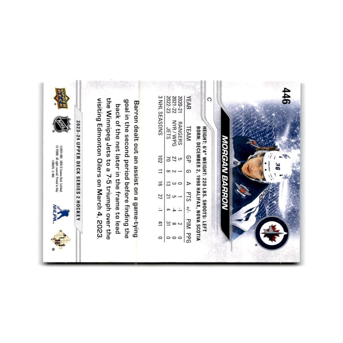 2023 Upper Deck Morgan Barron Winnipeg Jets #446