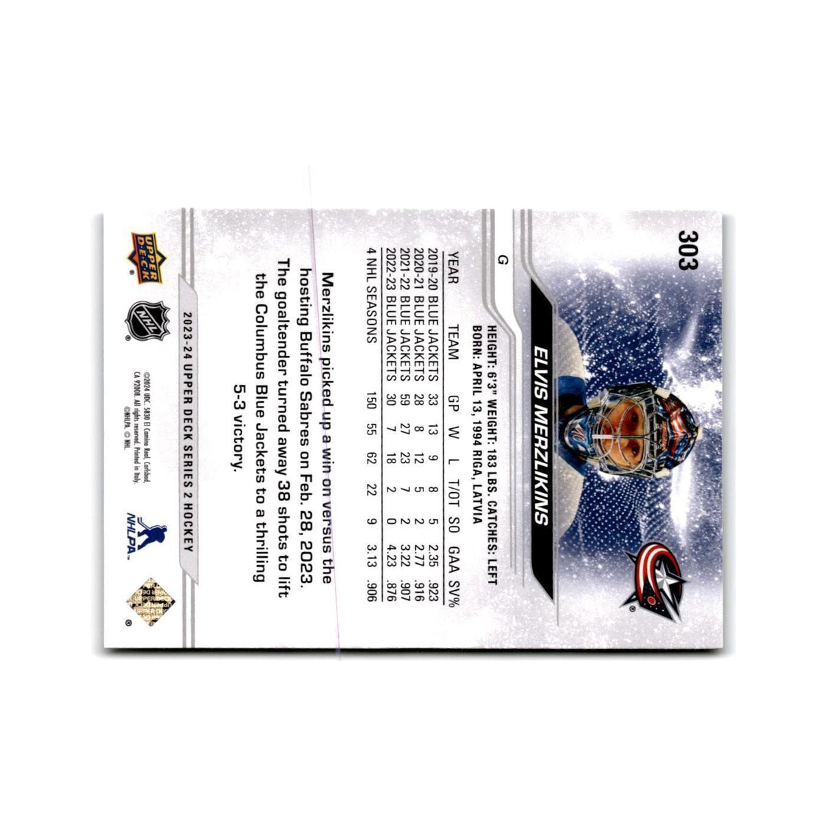 2023 Upper Deck Elvis Merzlikins Columbus Blue Jackets #303