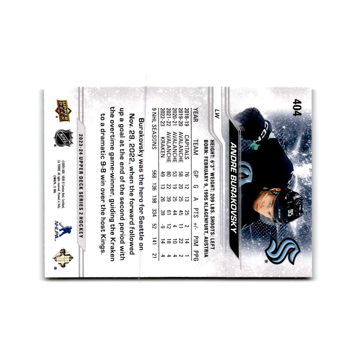 2023 Upper Deck Andre Burakovsky Seattle Kraken #404