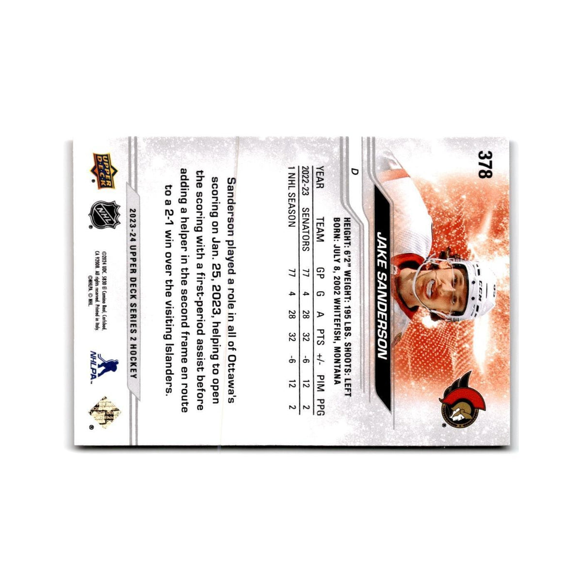 2023 Upper Deck Jake Sanderson Ottawa Senators #378
