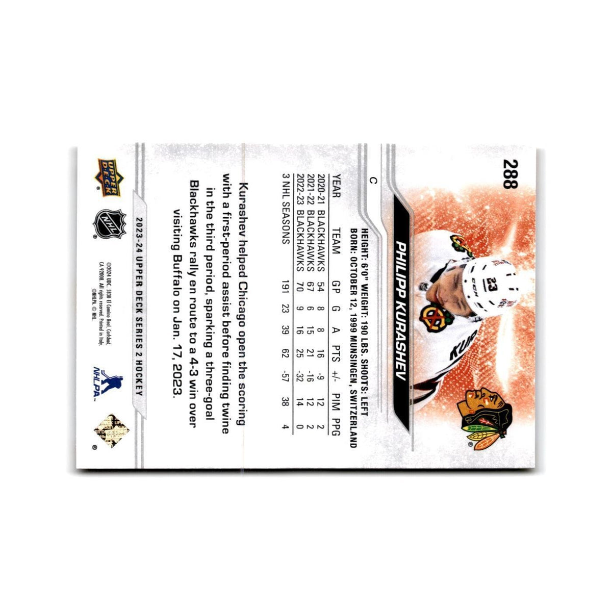 2023 Upper Deck Philipp Kurashev Chicago Blackhawks #288